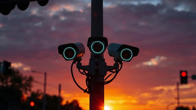 逆光の夕焼け空を背景に監視カメラをシルエットで強調した写真