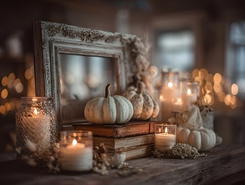 A cozy autumn display showcases small white pumpkins, vintage books, and flicke candles within a warmly lit, rustic setting at home.