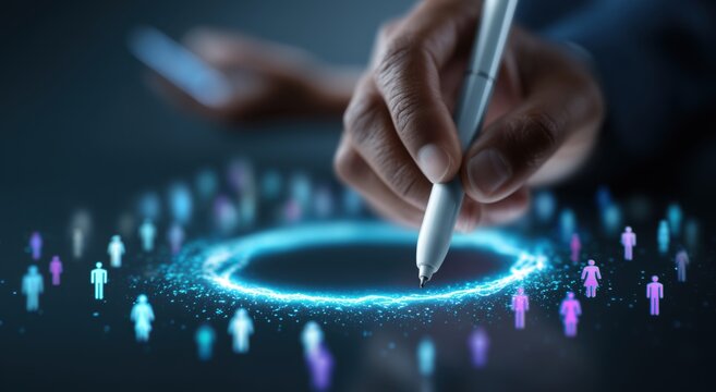 a person's hand with a dark sleeve is seen from a high angle, holding a white digital pen drawing a vibrant blue neon circle on a dark screen, encompassing numerous white stick figures Generative AI