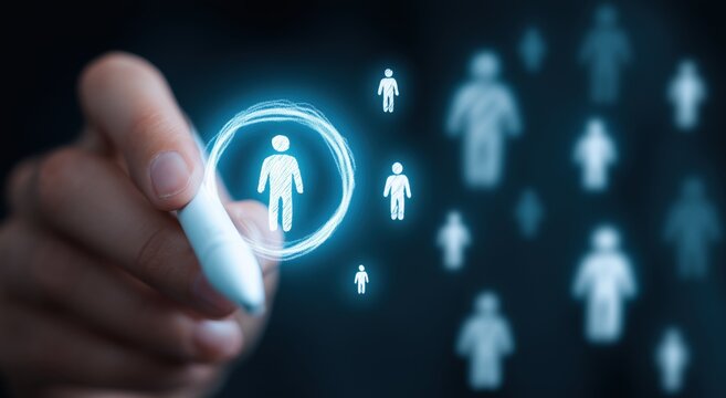 the image showcases a person's left hand using a white digital pen to draw a bright blue circle this circle encloses a white human silhouette icon, signifying a selected person Generative AI