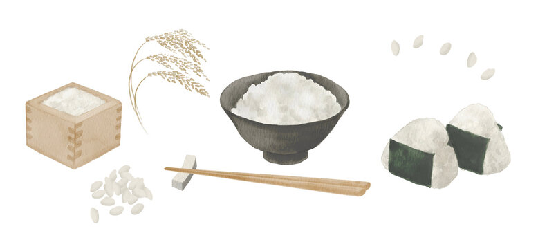 日本の米と食事の水彩イラスト - 升、稲穂、白米、箸、おにぎり300dpi