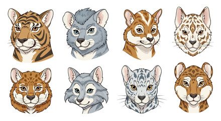 Obraz premium A cute collection of funny wild animal character heads featuring a cartoon cat, dog, tiger, lion, and fox vector icons in a fun baby mammal illustration set