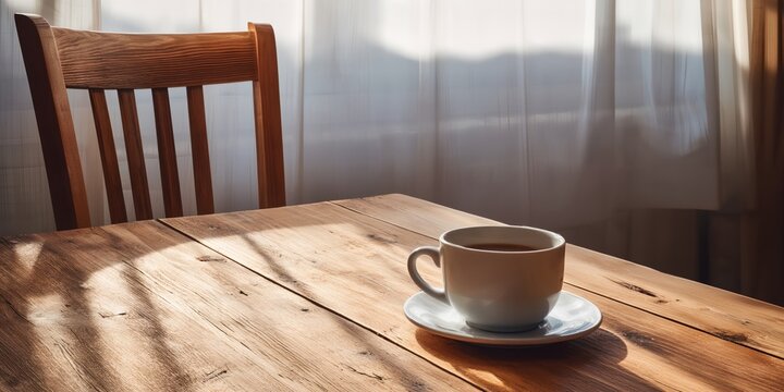 Morning coffee scene with natural light and wood textures