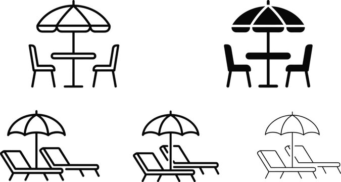 Beach Lounge and Outdoor Cafe Icon Set with Umbrella Table Chairs and Sunbeds for Summer Vacation Travel Resort and Hospitality Design