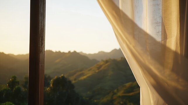 Sunset view through sheer curtain onto green hills and trees
