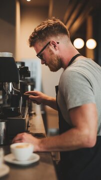 Man making coffee at bar with professional equipment