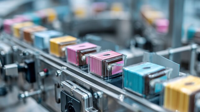 Automated Production Line: A high-tech manufacturing assembly line, featuring a conveyor belt carrying rows of colorful ink cartridges, symbolizing modern industrial processes and efficiency.