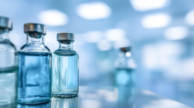 Row of glass vials on stainless steel surface