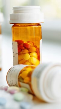 Two prescription bottles filled with multicolored pills