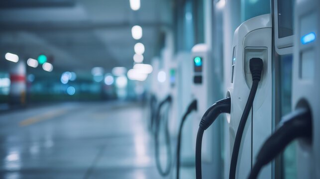 Modern electric car charging stations with glowing indicators