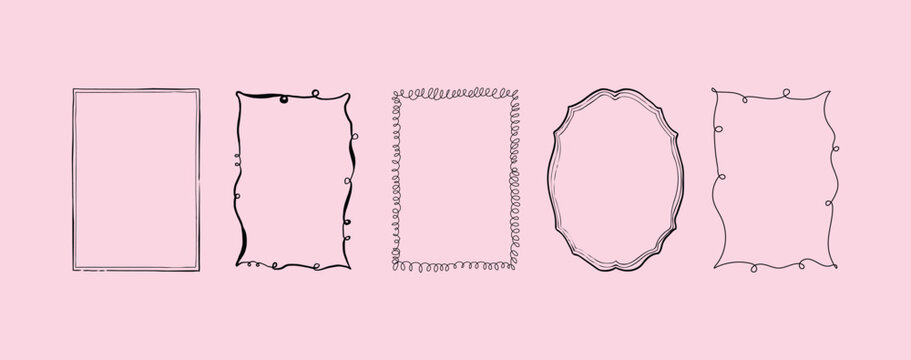 Set bow frames template with space for text. Hand drawn frames with bows ribbons isolated on background. Vertical border frame. La dolce vita. Hand drawn retro frames set. Scribble wavy borders