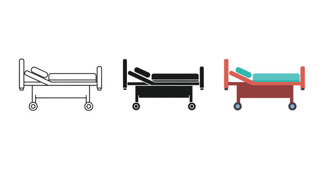 This graphic illustration showcases a hospital bed with adjustable backrest and wheels, presented in three distinct styles for versatile design applications.