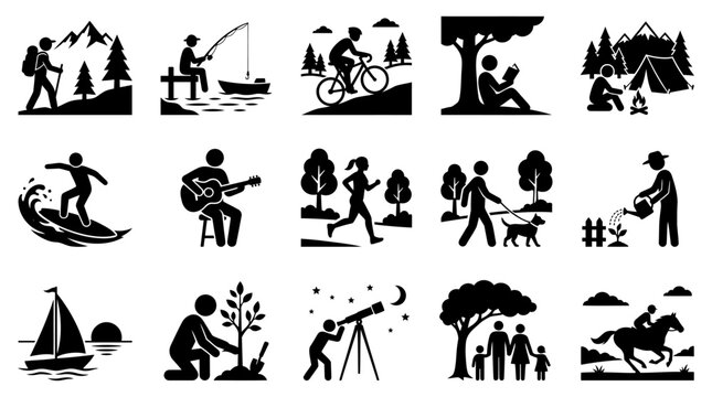 Set of black vector silhouettes illustrating various recreational activities and outdoor hobbies performed by people in different nature settings for modern graphic design projects
