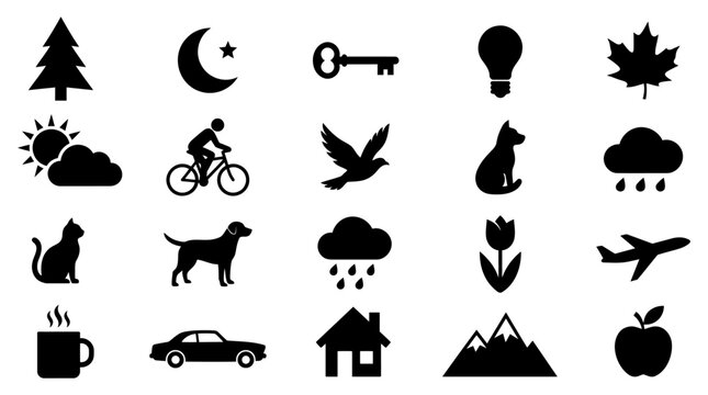 Collection of simple black vector icons representing various common daily life objects weather phenomena animals transport and nature elements for your creative graphic design