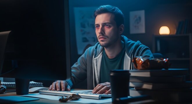 Young Man Working Late at Night on Computer in Bedroom