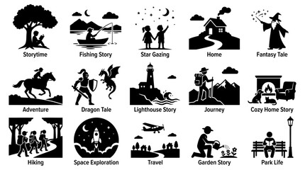 Fototapeta premium Collection of stylized vector graphic illustrations depicting various story themes and activities for conceptual use