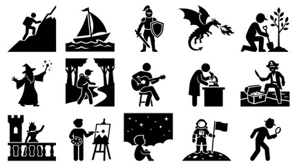 Obraz premium Set of diverse black and white vector silhouette icons representing various hobbies occupations fantasy characters and adventurous activities for your modern graphic design projects