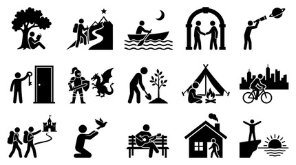 Obraz premium Collection of vector graphic icons illustrating diverse human activities and symbolic life journeys and achievements