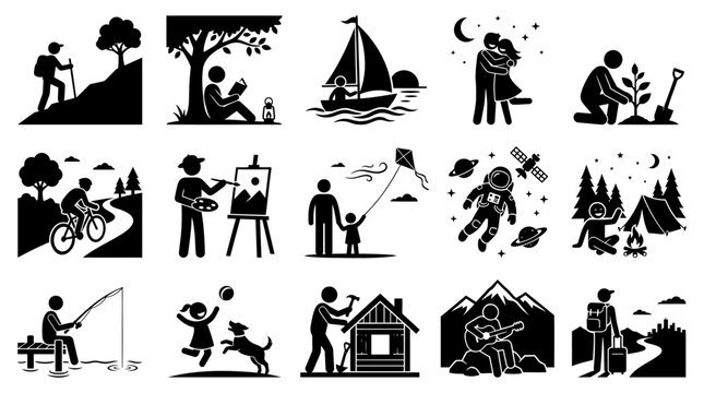 Black and white vector graphic icon set showing various recreational activities and lifestyles of people engaging in different hobbies during their leisure time