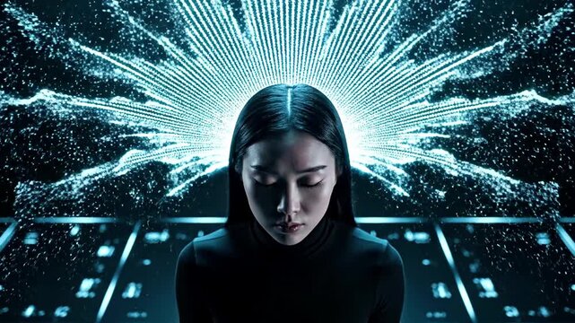 A woman with long dark hair and a black turtleneck is centered, surrounded by neon blue lines and dots radiating behind her head, with circuit board patterns below. Defects No defects found