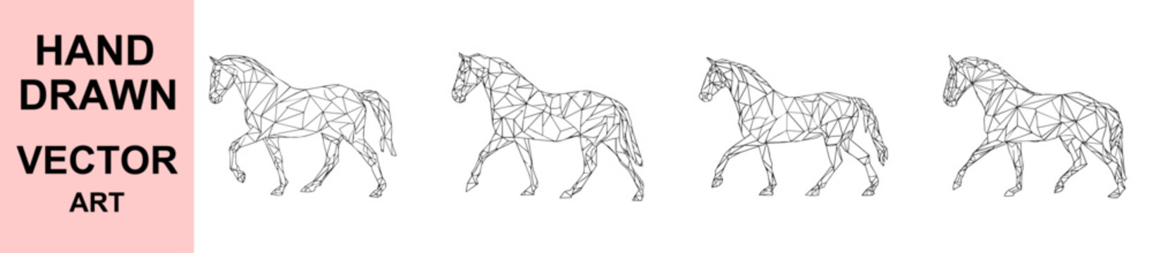 Geometric polygonal horse vector illustration set, low poly animal design collection, modern abstract equine shapes, minimalist line art isolated on white background