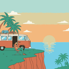 Obraz premium Man sitting in a camping chair next to a vintage camper van parked on a cliff overlooking the ocean at sunset.
