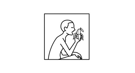 Fototapeta premium Minimalist Line Art: Person Eating Banana in Square Frame