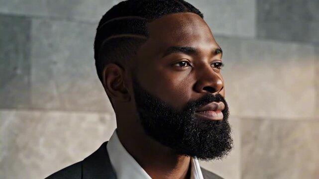 Tailored formal portrait of short hairstyles for guys with beards, braided top with shaved line accents and powerful full beard, refined suit styling, executive masculine presence against stone