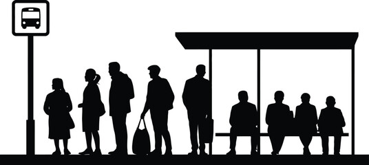 Bus stop people silhouette illustration, children and adults waiting for public transport in urban setting isolated on white background. © FASTSEO