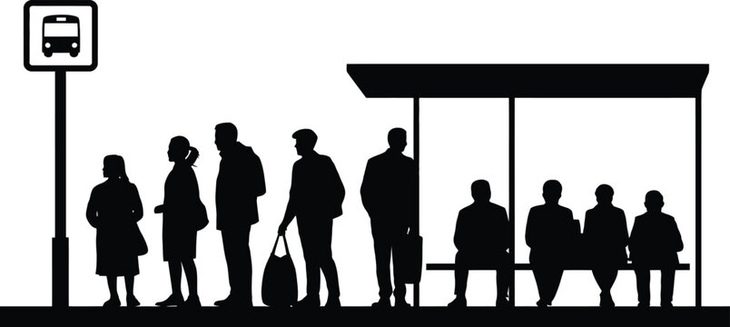 Bus stop people silhouette illustration, children and adults waiting for public transport in urban setting isolated on white background.