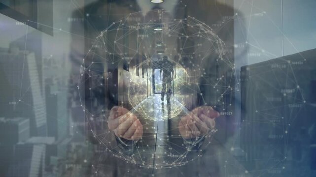 Businessman walking corridor, torso overlay fading in hands forming tech network globe around exit