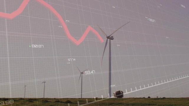 Tall turbine rotating, overlay appearing, charting red line crossing blades, tracking energy output