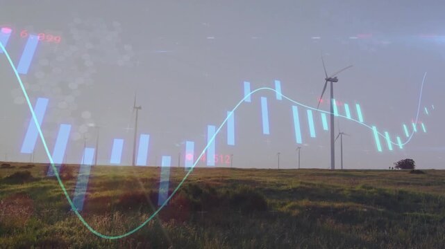 Wind turbines rotating, data feed driving animated cyan bars and line sweeping showing energy