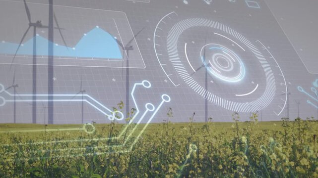 Wind turbines HUD activating on ping, blades rotating, chart pulsing, traces rising, tracking power