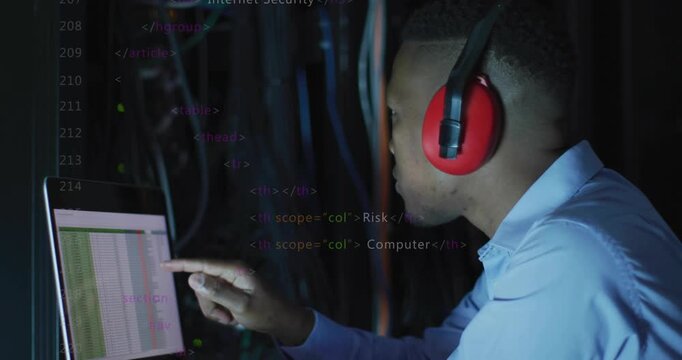 IT tech reacting to log alert tapping laptop tuning rack cables while overlay flags threats