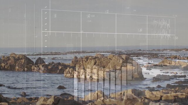 Central rock in tide pools grid fading bars emerging reflecting on water showing data then receding
