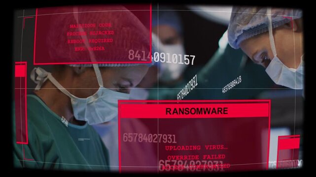Surgical team operating HUD appearing malware alerts blinding staff overriding to save patient