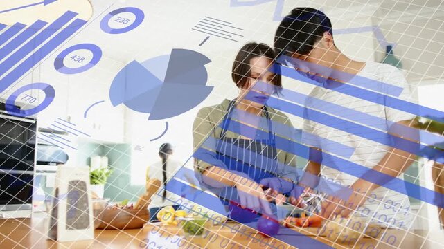 Center woman guiding man chopping carrots on island, with overlaid blue charts spurring meal prep