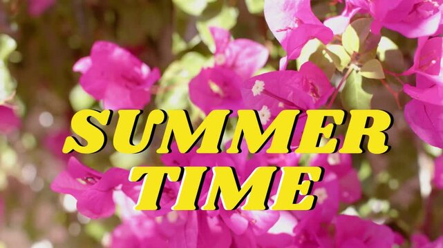 Sunlight shifting and breeze moving bougainvillea, graphic SUMMER TIME staying centered for ads