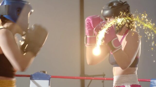 Vertical video: Two boxers training, left fighter throwing jabs with gold sparks tracing gloves