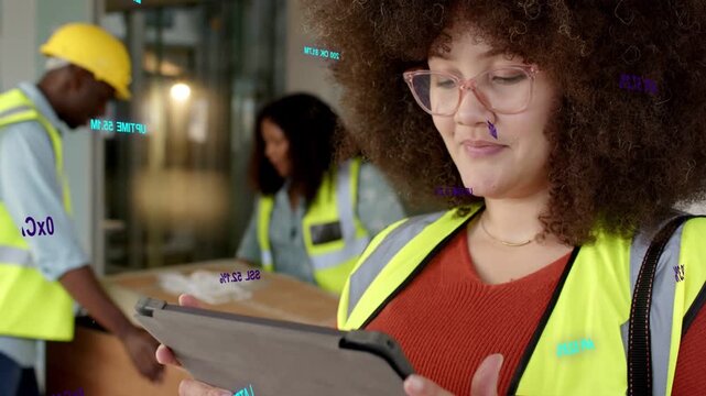 Vertical video: Tablet alert popping woman scanning tablet while team opening box confirming items