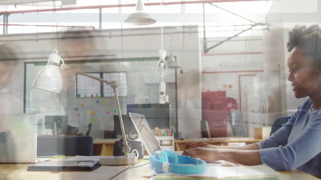 Woman office worker making first keystroke, typing on laptop for business, ghosting overlays