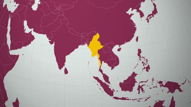 Myanmar map. Animated zoom into the country on the Globe in Pale Mint Dark Pink color palette. Country logo animation with round text and airplanes. Map with meridians, parallels. Creative video.