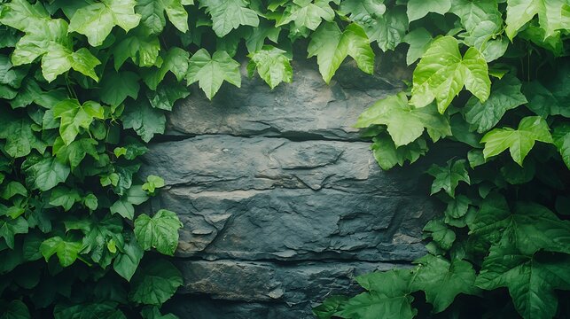 Lush Green Ivy Leaves Framing Rustic Stone Wall in Natural Outdoor Setting