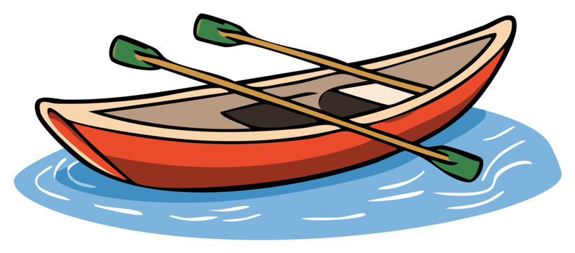 Cartoon Red Rowboat with Oars on Water for Recreation and Adventure