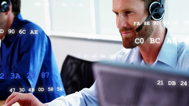 Right-side worker typing and speaking, hands initiating alphanumeric overlay, providing IT support