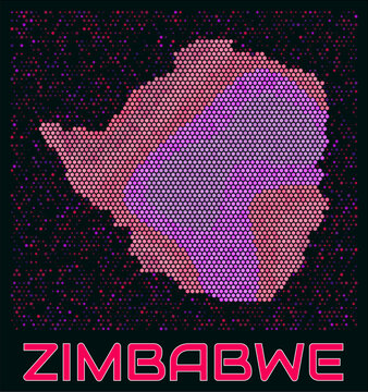 Zimbabwe digital style hexagon map. Vibrant magenta purple pink neon dotted shape. Country tiny bright hexagon cells. Zimbabwe honeycomb map design. Creative Vector Illustration.