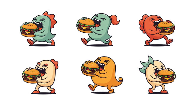 Cartoon creatures enjoying burgers isolated on white