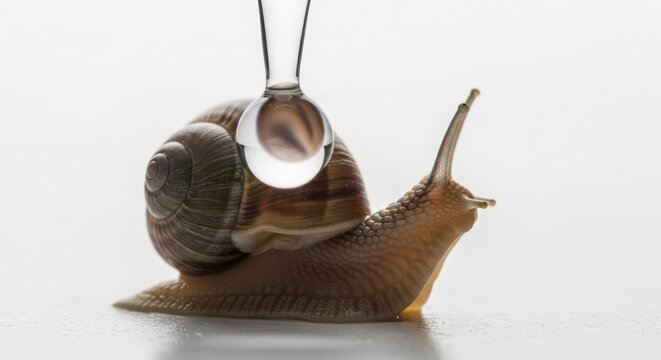 Detailed Macro Photograph of a Snail with a Water Droplet on its Shell