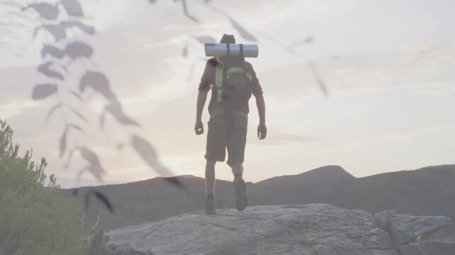 Outdoor hiker climbing ledge reaching top causing leaf veil crossing left, fixing pack celebrating